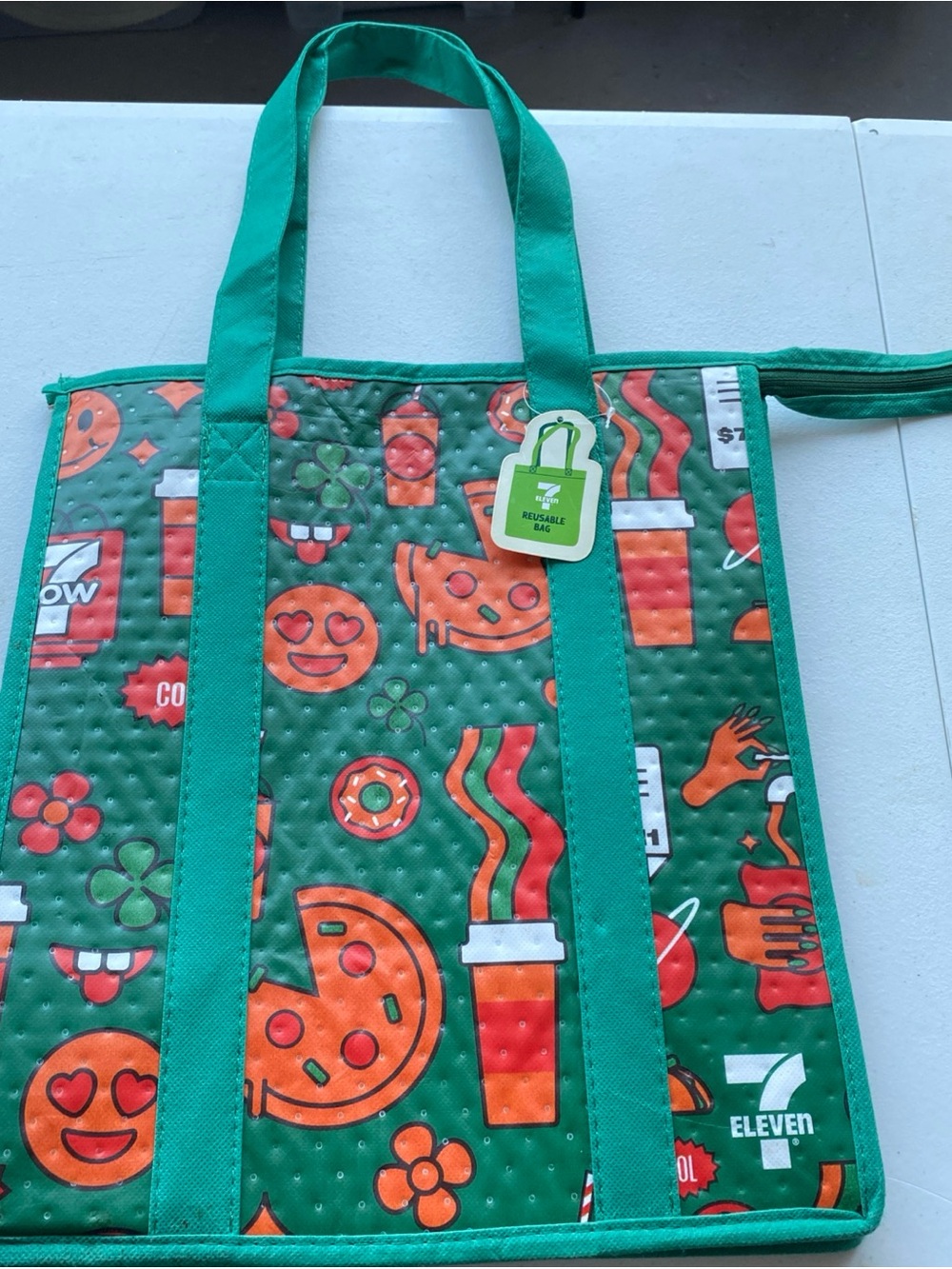 7-Eleven Reusable Tote Bag in Green with Orange Pattern